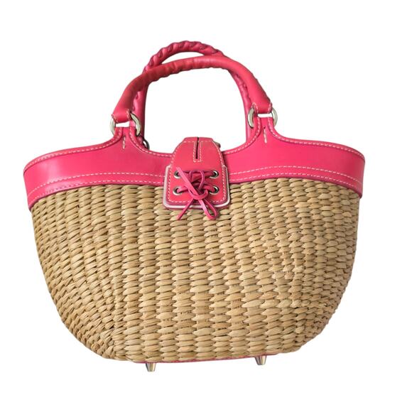 Coach Butterfly Patch Wicker/Straw and Leather Trim  Double Handle Tote Bag - Picture 3 of 11